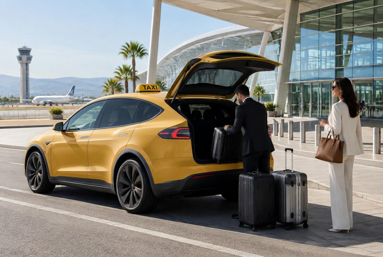 Luggage being loaded into a golden-yellow Tesla Model Y taxi at an airport terminal