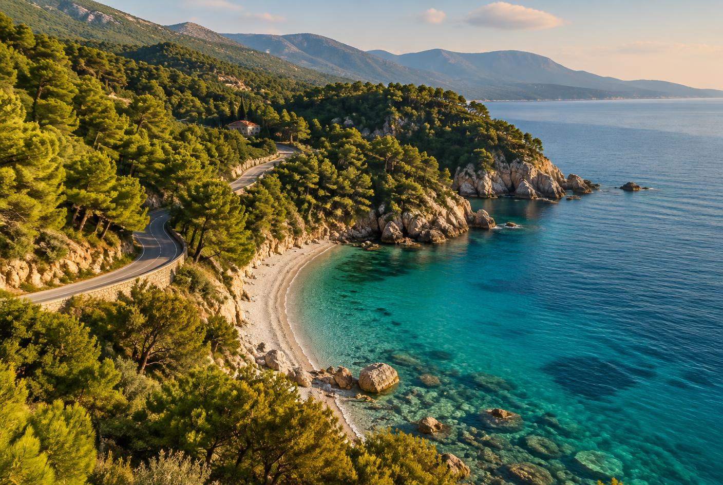 Pine covered coastline and turquoise bay on the island of Evia