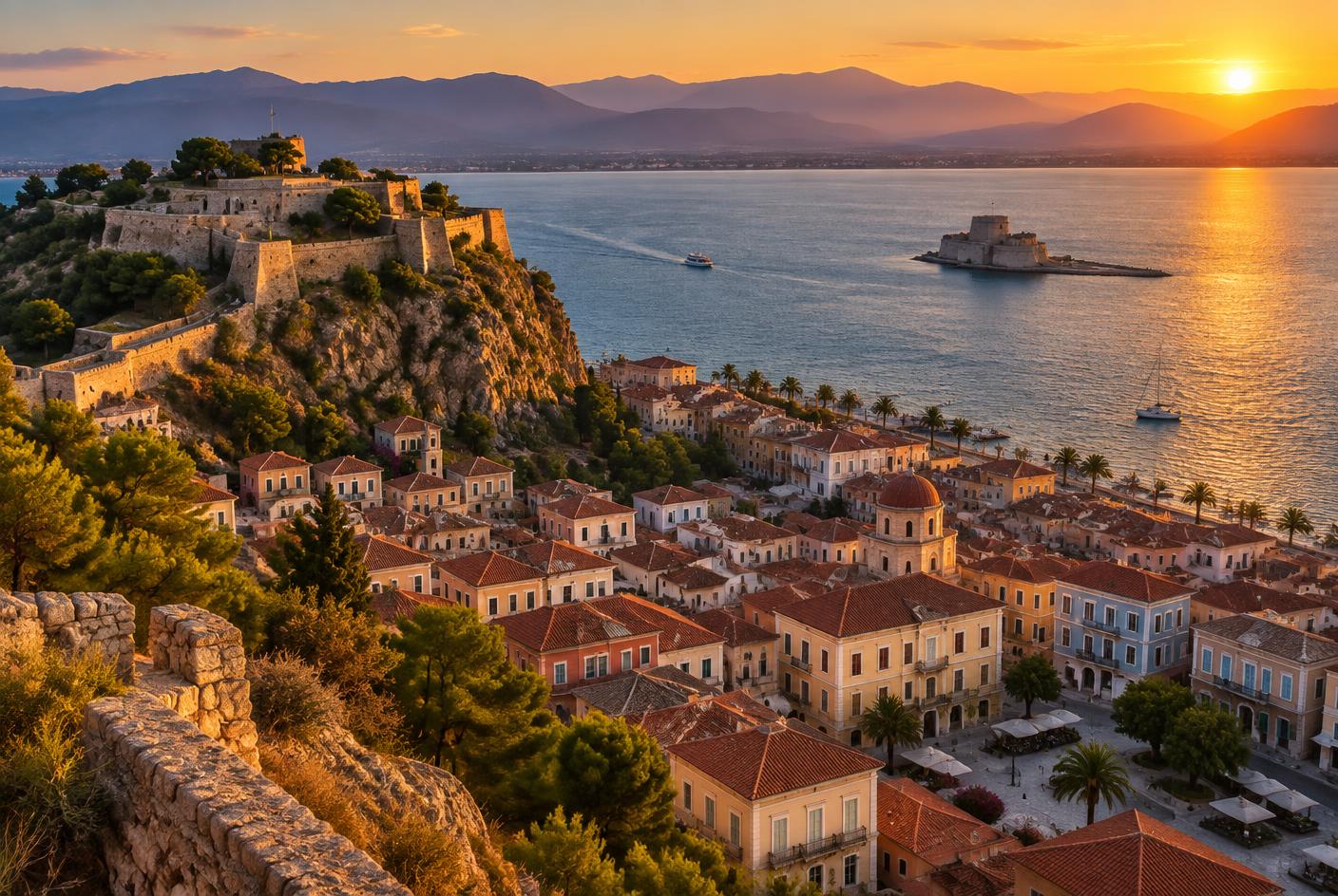 Nafplio old town, Palamidi fortress and the Bourtzi castle at golden hour