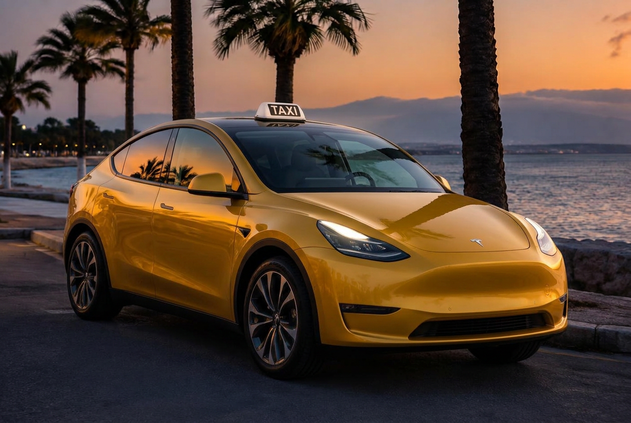 A golden-yellow Tesla Model Y taxi parked on the Athens Riviera at dusk